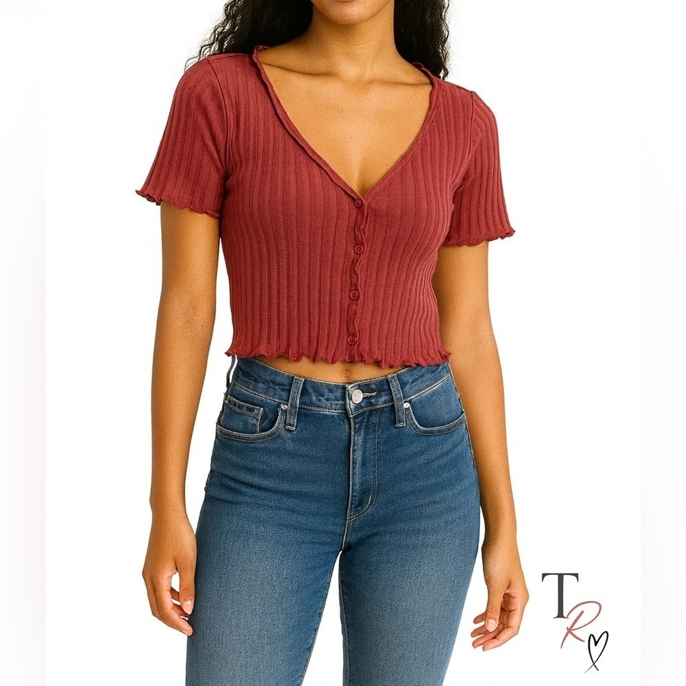 COTTON:ON Button Front Gauzey Ribbed Short Sleeve Cardi Tee in Red Size Small